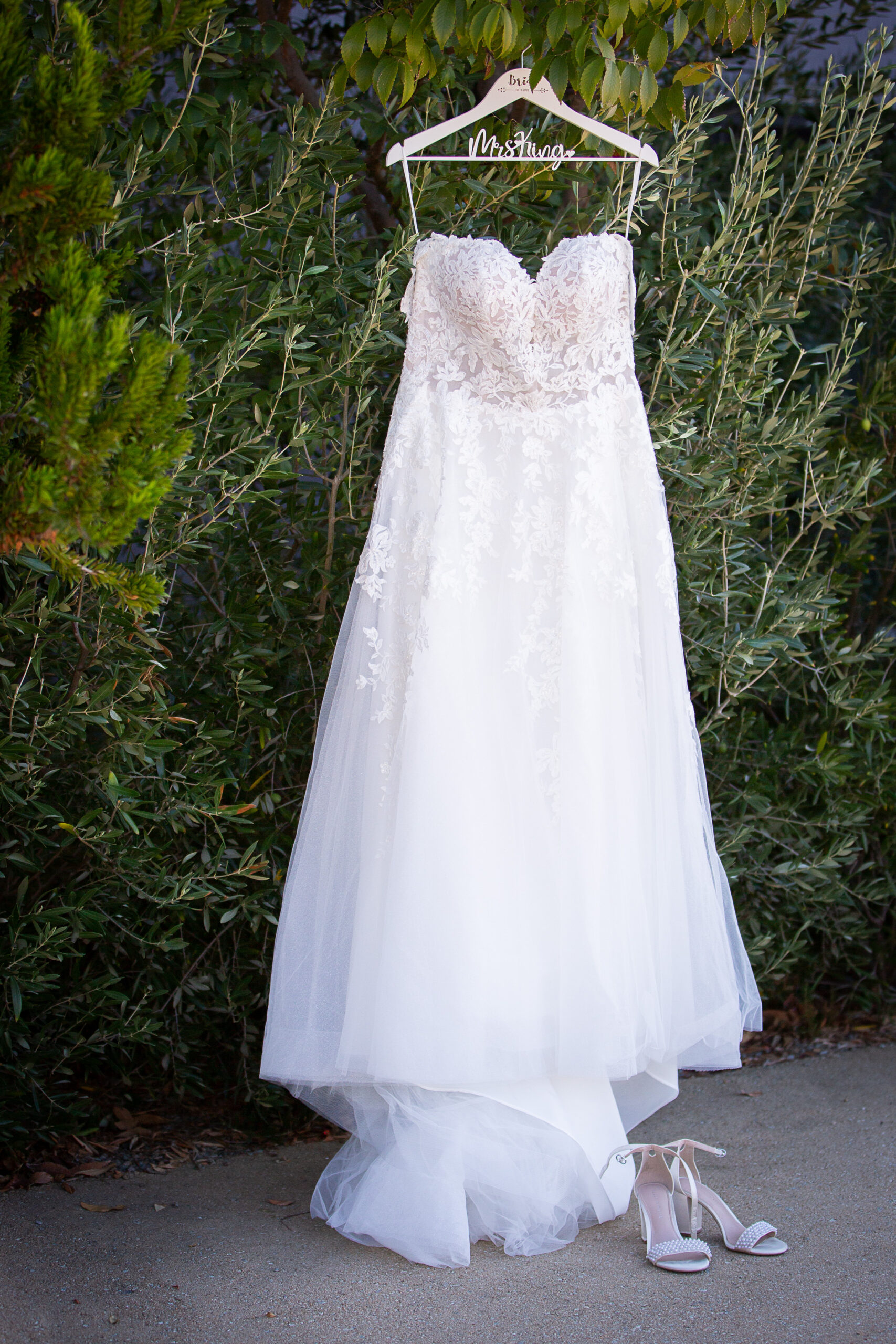 wedding dress hanging in tree