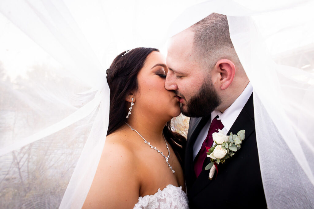 bride and groom kissing in veil