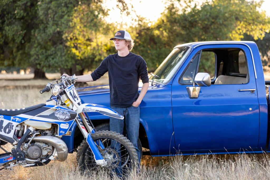 dirt bike and vintage truck in senior session 